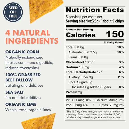 Vista 2 de Chips de MASA - Chips de Tortilla con Sabor a Lima, Chips de Maíz Hechos a Mano y Frituras - Maíz Blanco Crecido Naturalmente, Hechos con Sebo