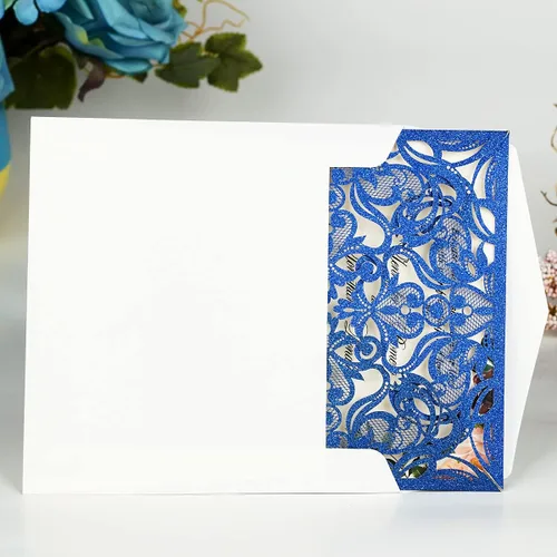 Vista 7 de Hosmsua 6.3 x 6.3 pulgadas, 50 tarjetas de invitación de boda personalizadas cortadas con láser con rosa de encaje hueco y sobres para invitación
