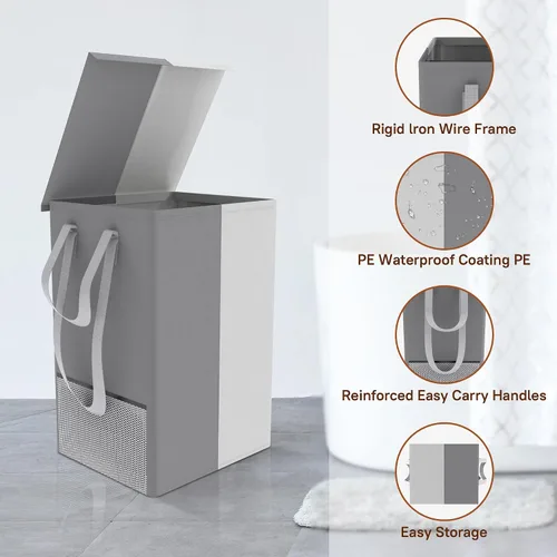 Vista 4 de Cesto grande para la ropa sucia con tapa, cesta de ropa para lavandería con asas, impermeable, cestas plegables para dormitorio, baño, dormitorio