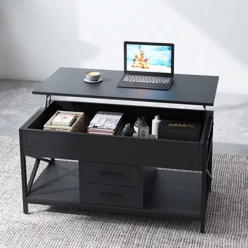 Vista 7 de Rxicdeo Lift Top Coffee Table with 2 Drawers and Open Side Shelf, Center Table with Rising Tabletop, Hidden Compartment, Small Wood Coffee Table for