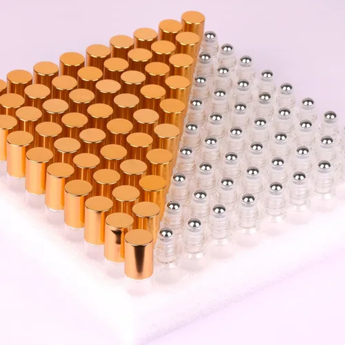 Vista 8 de MaxMau Paquete de 24 Botellas de Vidrio Ámbar de 5ml para Aceites Esenciales, Botella Roll-on con Bolas Rodantes de Acero Inoxidable, Tapas Pintadas