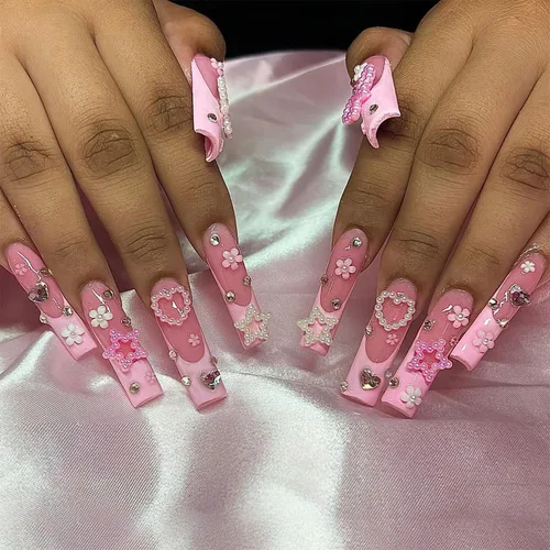 24 uñas postizas cuadradas de color rosa oscuro con perla, diseño de diamantes de imitación en forma de corazón, punta francesa, flores 3D