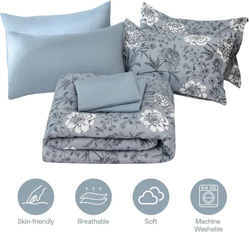Vista 114 de Yiran - Juego de 7 piezas de edredón floral azul, juego de cama en una bolsa, tamaño Queen, juego de edredón de microfibra suave