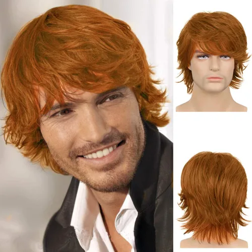 Peluca de color naranja para hombre, peluca sintética de capas cortas, esponjosa, natural, resistente al calor, para Halloween, cosplay, peluca para