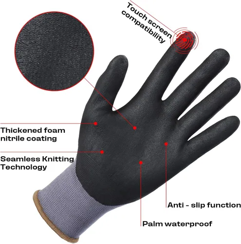 Vista 2 de JDL Work Gloves with Micro Foam Nitrile Coated, Touch Screen Compatible,US Patent Seamless Knit Nylon Safety Gloves