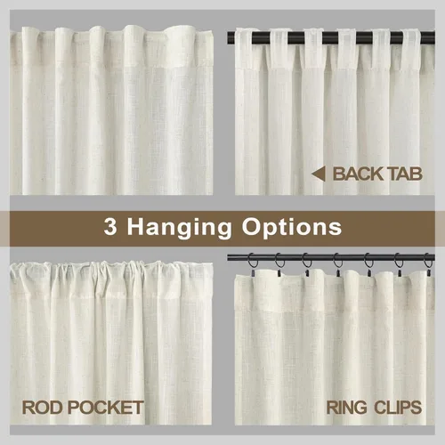 Vista 3 de Cortinas de lino natural de 108 pulgadas de largo para sala de estar, juego de 2 paneles con bolsillo para cortinero y pestaña trasera, cortinas