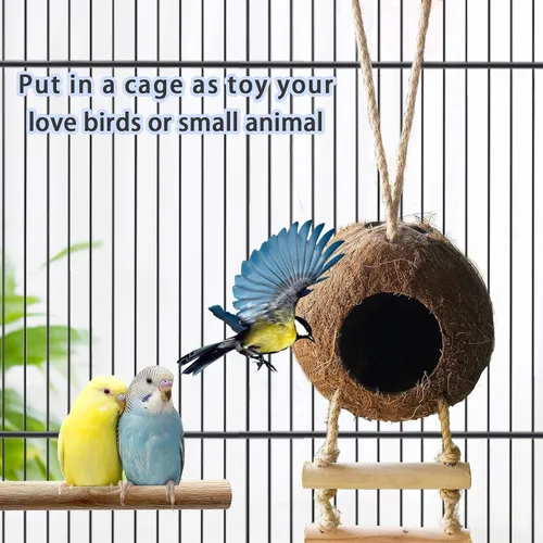 Vista 6 de Bird Hides - Nido de coco con escalera de madera, jaula de hámster sirio colgando de cáscara de coco natural, juguete con puente de madera, juguetes