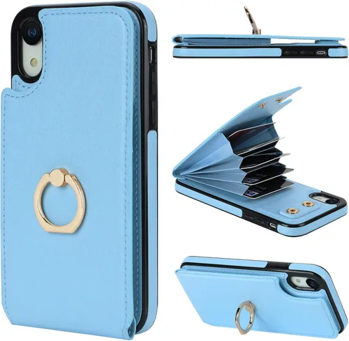 Vista 13 de Folosu Funda compatible con iPhone XR con soporte para tarjetas, rotación de 360°, soporte de anillo de dedo con función atril, bloqueo RFID, piel