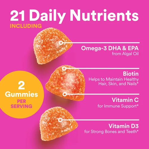 Vista 3 de SmartyPants Gomitas Multivitamínicas para Niñas Adolescentes - Fórmula Mejorada: Omega 3 (DHA/EPA), Vitamina C, D3, B12, Vitamina A, K y Zinc