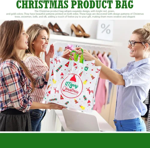 Vista 7 de Fulmoon 200 bolsas de regalo de Navidad, bolsa de compras de plástico para mercancías con asas, bolsas de regalo de vacaciones para golosinas, ropa