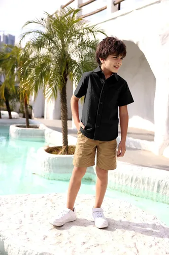 Vista 6 de Camisas de vestir de manga larga para niños con cuello clásico, botones y bolsillo en el pecho, camiseta de algodón sólido