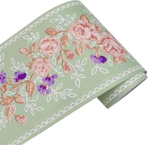 Vista 2 de Papel pintado floral borde autoadhesivo PVC azulejos rollo extraíble baño cocina pared decoración rosa peonía