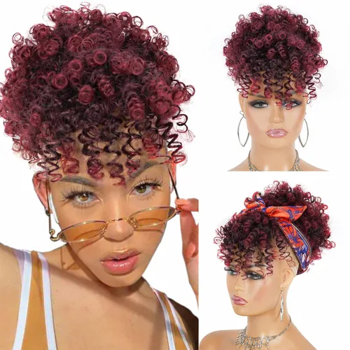 Vista 11 de Cola de caballo con cordón para mujeres negras Afro Puff Cola de caballo con cordón con flequillo Cola de caballo corta crespa y rizada Moño cola