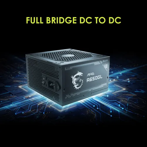 Vista 7 de MSI MAG A650GL, fuente de alimentación para juegos compacta totalmente modular de 650W, 80+ Gold, PSU ATX, garantía de 10 años