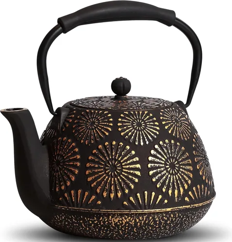 Tetera de hierro fundido, hervidor de té de 40 onzas con infusor para estufa, diseño Sakura, tetera japonesa para hojas sueltas con interior Negro
