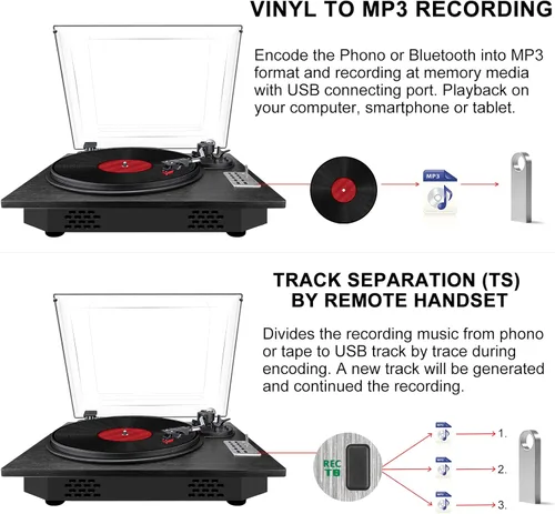 Vista 5 de Tocadiscos de vinilo, tocadiscos de 3 velocidades con Bluetooth incorporados, reproductor de discos de vinilo USB de grabación directa MP3