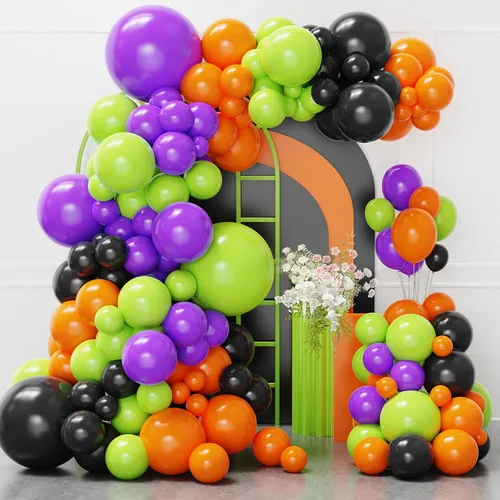 Kit de arco de globos de Halloween, juego de 129 globos de látex negro, naranja, morado, verde, globos de látex negro y naranja de diferentes Negro