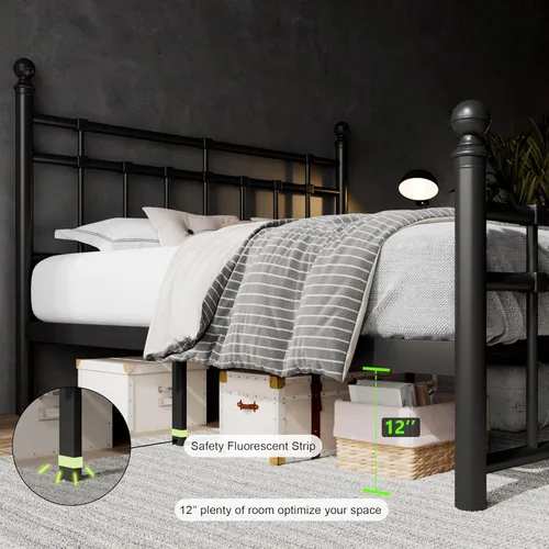 Vista 5 de Feonase Base de cama de plataforma de metal de tamaño matrimonial con cabecero y estribo clásico victoriano, listones resistentes, almacenamiento