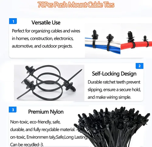 Vista 6 de 70 piezas de bridas de cables con montaje a presión de nylon con cierre de cremallera, bridas de plástico resistentes, bridas de cremallera