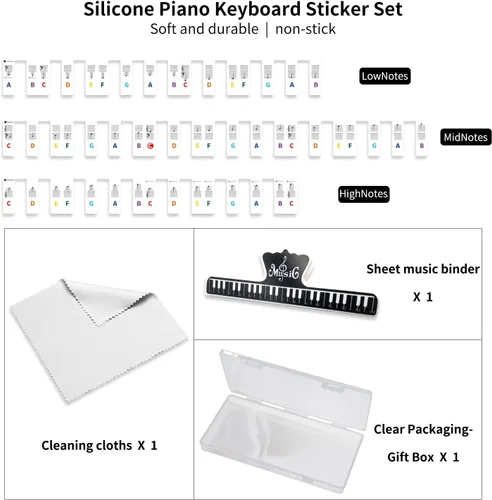 Vista 2 de Etiquetas de notas de teclado de piano extraíbles, calcomanías de teclado de piano, 88 teclas de tamaño completo de 61 teclas, hechas de silicona