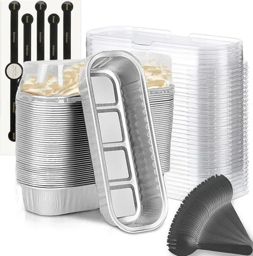 Vista 15 de Findful Mini Moldes para Hornear Pan con Tapas y Cucharas (Paquete de 50, 6.8oz) Moldes Rectangulares de Papel de Aluminio para Hornear Recipientes