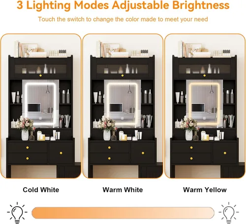 Vista 10 de ARTETHYS Pequeño escritorio de tocador con espejo deslizante y luces, juego de tocadores de maquillaje blancos con cajones, tocador compacto