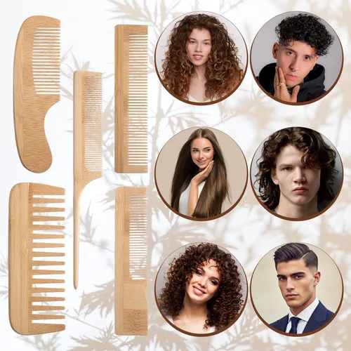 Vista 3 de Juego de 5 peines de madera para mujer, colección de peines de bambú portátiles de madera natural para todo tipo de cabello, antiestático, ecológico