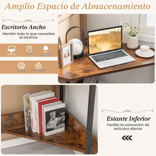 Vista 4 de GOFLAME - Escritorio esquinero con toma de corriente, escritorio pequeño Marrón rústico