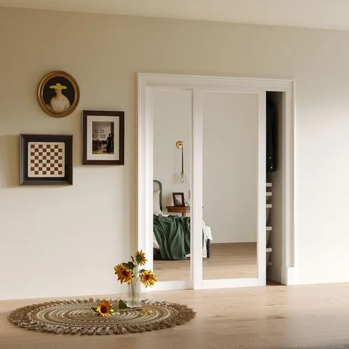Vista 2 de Puertas correderas de armario con espejo de 60 x 80 pulgadas para dormitorios, espejo corredizo mejorado inastillable, puerta interior con kit