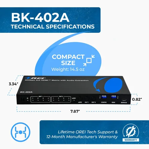 Vista 5 de OREI 8K eARC HDMI Matrix Switch 4 X 2, conmutador con extractor de audio UltraHD que soporta hasta 4K @ 120Hz IR EDID HDCP 2.3 - Control remoto