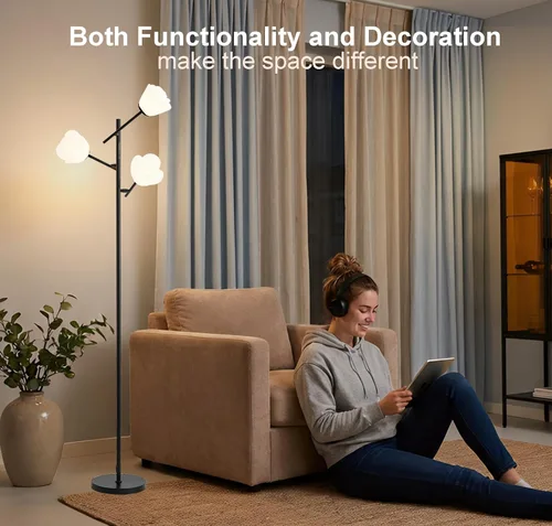 Vista 3 de Fiqevs Lámpara de pie de árbol para sala de estar, lámpara de pie de 3 cabezas con flores con pantalla ajustable, bombillas incluidas, lámpara