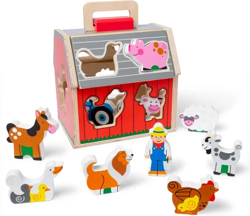 Melissa & Doug Granero de juguete de madera para llevar, juego portátil de 11 piezas para niños pequeños con animales de granja y techo desplegable,