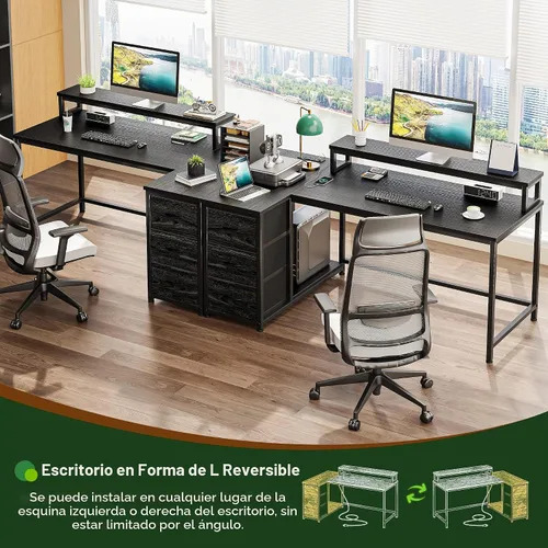Vista 4 de EnHomee - Escritorio para juegos de 40 pulgadas con 3 cajones de almacenamiento y LED para jugadores adolescentes, escritorio de esquina reversible