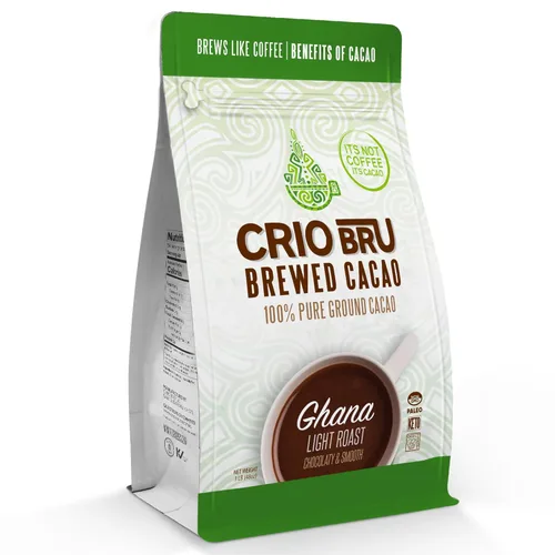 Crio Bru Ghana Tueste Ligero - Bebida Natural Saludable Alternativa al Café | 100% Granos de Cacao Puro Molido | 99.99% Libre de Cafeína, Keto, Bajo