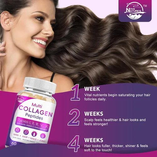 Vista 5 de Cápsulas blandas de péptidos de colágeno múltiple - Tipo I, II, III, V, X - Péptidos de colágeno hidrolizados con biotina, vitamina C, ácido