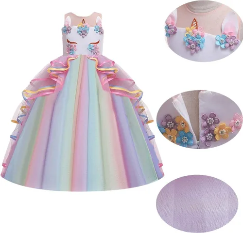 Vista 4 de CinheyU Vestido largo de tul sin mangas para niña, diseño de unicornio, con diadema