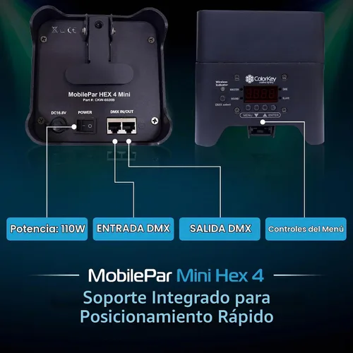 Vista 6 de ColorKey MobilePar Mini Hex 4 inalámbrico alimentado por batería RGBAW+UV Uplight DJ Light (CKW-6020B)