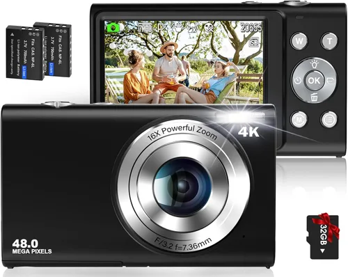 Cámara digital 4K, enfoque automático, 48 MP, cámara de vlogging HD 16X, cámara digital con zoom digital YouTube, portátil, mini cámara compacta,
