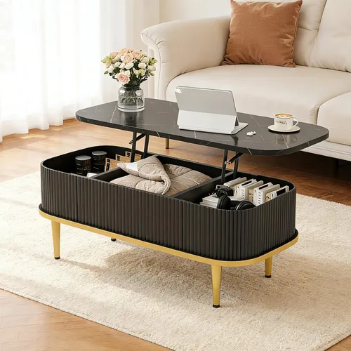 Lift Top Coffee Tables for Living Room, Mid Century Modern Fluted Coffee Table with Storage, Rectangle Center Table with Faux Marble Flip-Top, Small