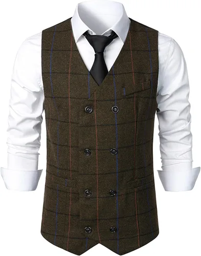 Vista 4 de Mens Slim Formal Business Waistcoat Casual Plaid Soft Suit Vest Classic Button Collar Sleeveless Coats Coffee