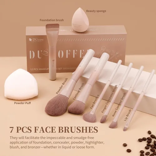 Vista 6 de DUcare Juego de 14 brochas de maquillaje para regalo, 12 brochas de maquillaje serie café con 2 esponjas de maquillaje, base, mezcla de polvo