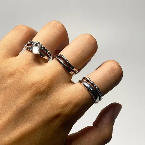 Vista 5 de Anillos de banda ancha de plata de ley 925 vintage hechos a mano para mujereshombres, anillo ajustable para el pulgar