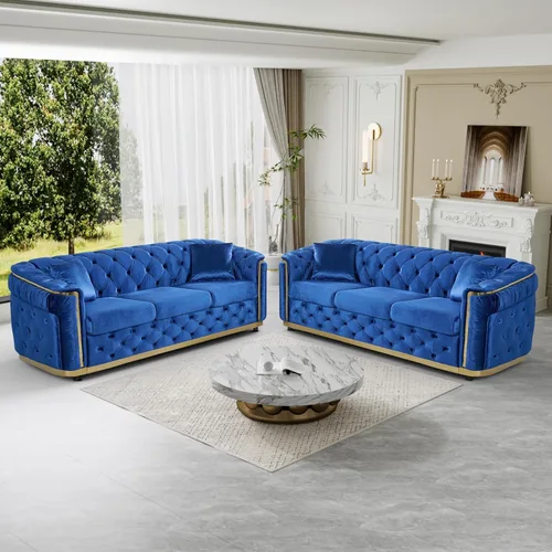 Vista 14 de DAMAIFROM Juego de sofá de terciopelo de lujo beige y dorado, moderno de mediados de siglo, sofás Chesterfield copetudos y patas doradas, juego de 2