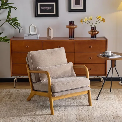 Vista 17 de VINGLI Silla de Acento Moderna de Chenilla de Mediados de Siglo, Linda Silla de Lectura con Brazos con Cojín y Almohada Lumbar y Marco de Madera