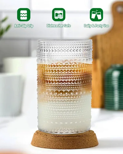 Vista 6 de Juego de 6 vasos para beber con patrón de puntos vintage, vasos de vidrio transparente de 13 onzas, cristalería texturizada en relieve con diseño