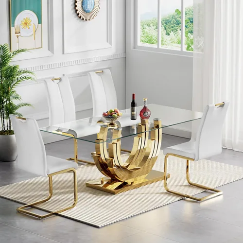 Vista 22 de Pvillez Juego de mesa de comedor de cristal dorado moderno de 70 pulgadas para 4, juego de mesa rectangular de 5 piezas con base de acero