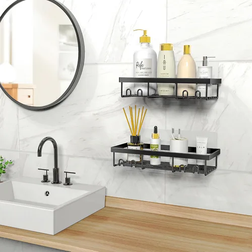 Vista 6 de Moforoco Estante organizador de estante para ducha, cesta autoadhesiva negra para estantes de baño, decoración interior de pared de casa de campo