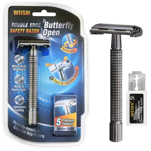Vista 11 de WEISHI rasuradora con mango largo cromado, apertura tipo mariposa, borde doble, segura