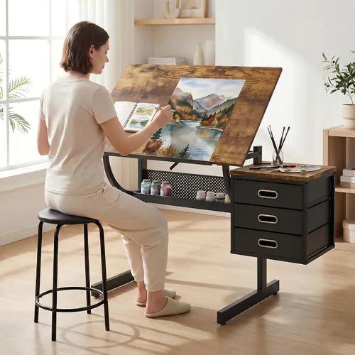 Vista 10 de Mesa de dibujo ajustable con 2 cajones y taburete, para arte y Negro