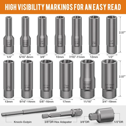 Vista 2 de XEWEA Juego de 16 extractores de pernos profundos + 21 piezas de extractor de pernos de transmisión de 3/8 pulgadas, juego de herramientas